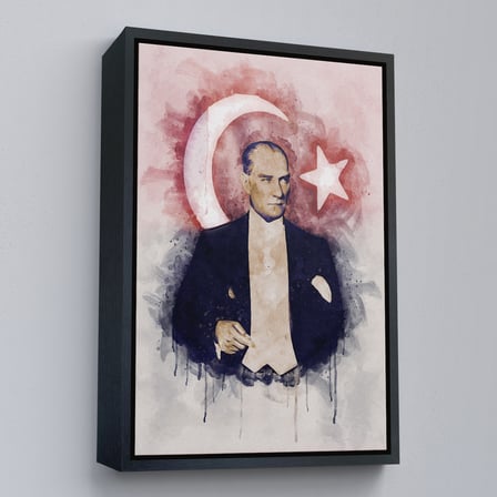 Kahverengi Çerçeveli Mustafa Kemal Atatürk ve Türk Bayrağı Suluboya Görünümlü Dekoratif Kanvas Tablo