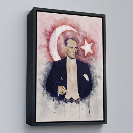 Altın Çerçeveli Mustafa Kemal Atatürk ve Türk Bayrağı Suluboya Görünümlü Dekoratif Kanvas Tablo