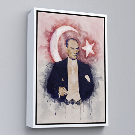 Altın Çerçeveli Mustafa Kemal Atatürk ve Türk Bayrağı Suluboya Görünümlü Dekoratif Kanvas Tablo