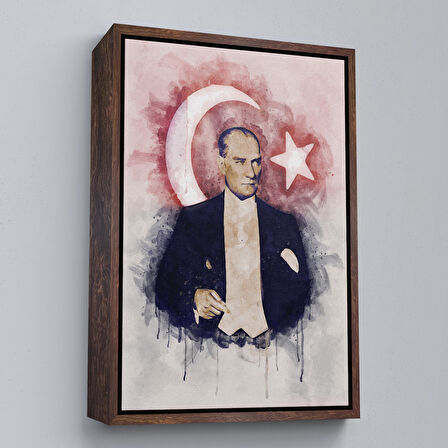 Altın Çerçeveli Mustafa Kemal Atatürk ve Türk Bayrağı Suluboya Görünümlü Dekoratif Kanvas Tablo