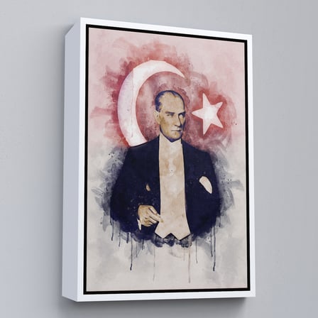 Siyah Çerçeveli Mustafa Kemal Atatürk ve Türk Bayrağı Suluboya Görünümlü Dekoratif Kanvas Tablo