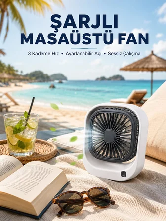 Şarjlı Masaüstü Fan 3 Kademeli Hız Ayarlı Güçlü Hava Akışı
