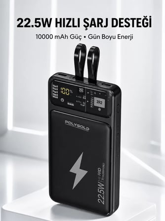 Powerbank Hızlı Şarj 10000 mAh Dahili Kablo Yeni Nesil