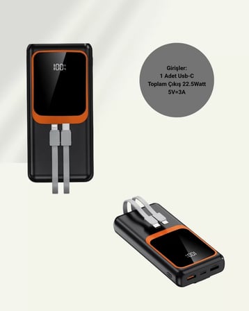 20.000 mAh Taşınabilir Şarj Cihazı Dijital Göstergeli Kablolu Powerbank