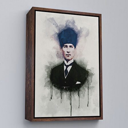 Kahverengi Çerçeveli Atatürk Portre Tablosu Mustafa Kemal Atatürk Dikdörtgen Dekoratif Kanvas Tablo