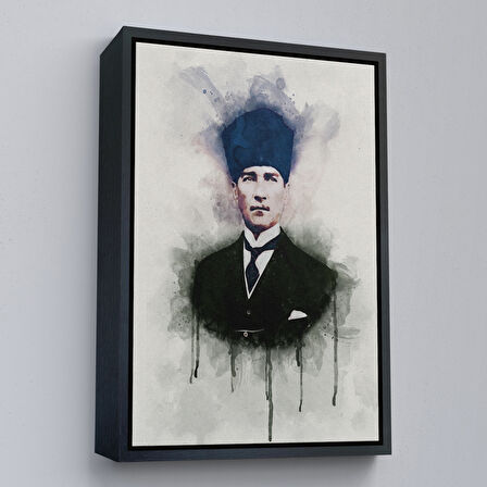 Kahverengi Çerçeveli Atatürk Portre Tablosu Mustafa Kemal Atatürk Dikdörtgen Dekoratif Kanvas Tablo