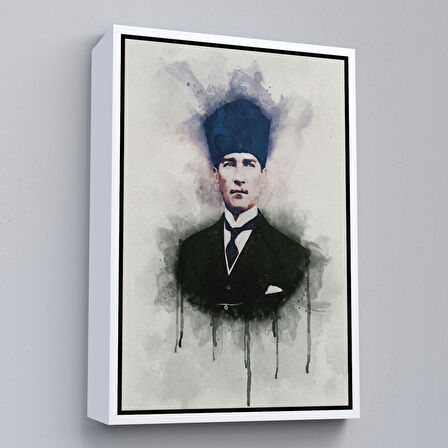 Kahverengi Çerçeveli Atatürk Portre Tablosu Mustafa Kemal Atatürk Dikdörtgen Dekoratif Kanvas Tablo