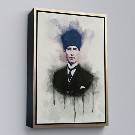 Kahverengi Çerçeveli Atatürk Portre Tablosu Mustafa Kemal Atatürk Dikdörtgen Dekoratif Kanvas Tablo