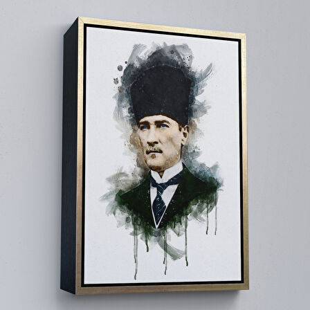 Altın Çerçeveli Mustafa Kemal Atatürk'ün Suluboya Görünümlü Portresi Dekoratif Kanvas Tablo