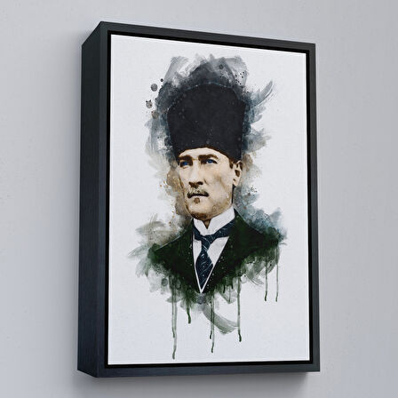 Altın Çerçeveli Mustafa Kemal Atatürk'ün Suluboya Görünümlü Portresi Dekoratif Kanvas Tablo