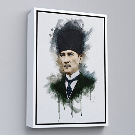 Altın Çerçeveli Mustafa Kemal Atatürk'ün Suluboya Görünümlü Portresi Dekoratif Kanvas Tablo