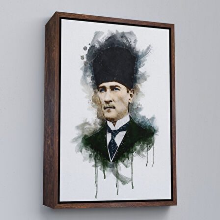 Altın Çerçeveli Mustafa Kemal Atatürk'ün Suluboya Görünümlü Portresi Dekoratif Kanvas Tablo