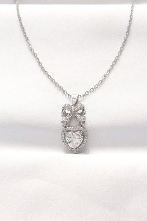 316L Çelik Silver Renk Zirkon Taşlı Kalpli Fiyonk Kolye 5886