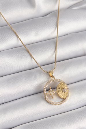 316L Çelik Gold Renk Zincir Zirkon Taşlı Yıldız İşleme Madalyon Model Kadın Kolye 5886