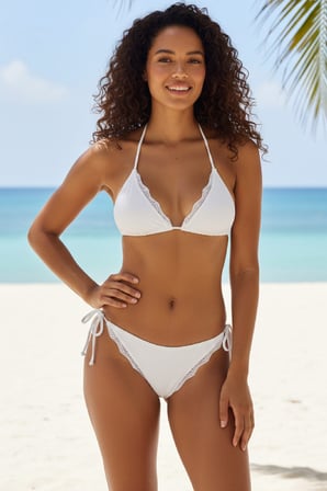 Kadın Beyaz Pedli Bel ve Boyundan Bağlamalı Dantelli Şık Bikini Takımı — Beden: L/XL