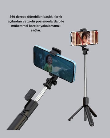 Bluetooth Selfie Çubuğu – 360° Dönebilen Başlık Kablosuz Bağlantı
