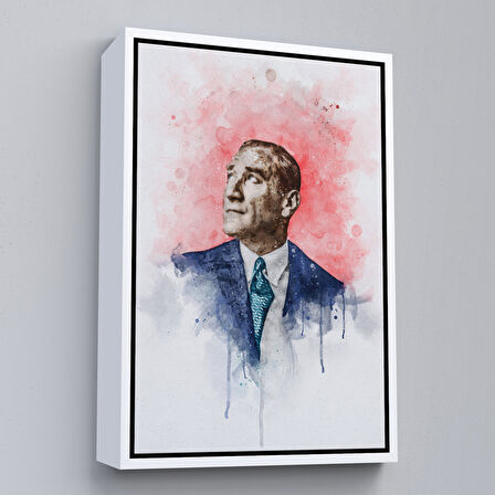 Siyah Çerçeveli Mustafa Kemal Atatürk Suluboya Görünümlü Portresi Dekoratif Kanvas Tablo