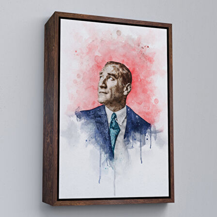 Siyah Çerçeveli Mustafa Kemal Atatürk Suluboya Görünümlü Portresi Dekoratif Kanvas Tablo