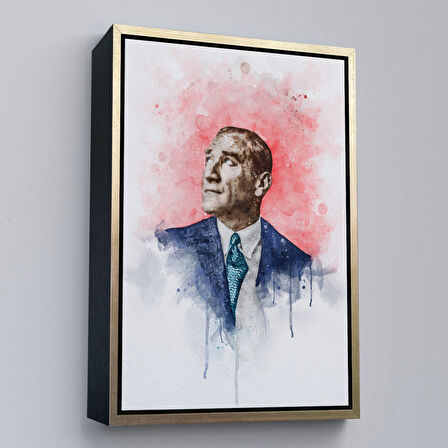 Siyah Çerçeveli Mustafa Kemal Atatürk Suluboya Görünümlü Portresi Dekoratif Kanvas Tablo
