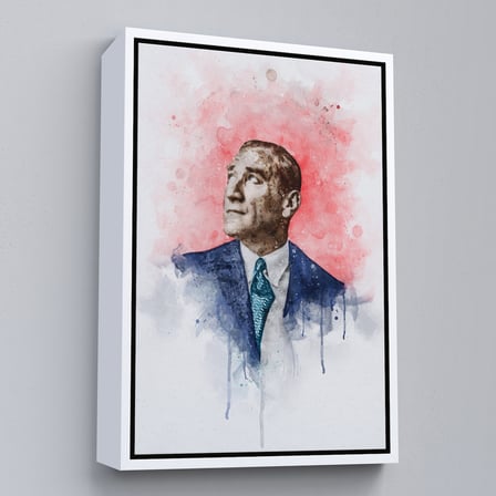 Beyaz Çerçeveli Mustafa Kemal Atatürk Suluboya Görünümlü Portresi Dekoratif Kanvas Tablo