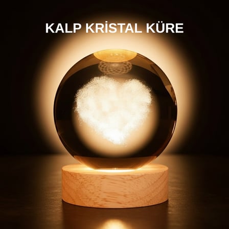 Romantik Kalpli Kristal Cam Küre USB li Işıklı Dekoratif Obje