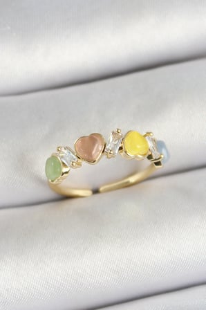 Pirinç Sıralı Kalp Figürlü Zirkon Taşlı Gold Renk Ayarlanabilir Kadın Yüzük 5886