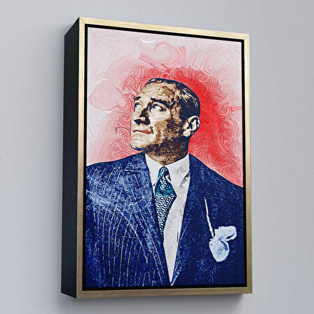 Altın Çerçeveli Mustafa Kemal Atatürk'ün Yağlıboya Görünümlü Portre Çizimi Dekoratif Kanvas Tablo