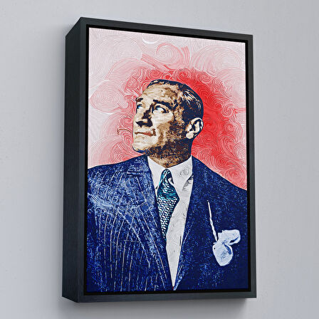 Altın Çerçeveli Mustafa Kemal Atatürk'ün Yağlıboya Görünümlü Portre Çizimi Dekoratif Kanvas Tablo