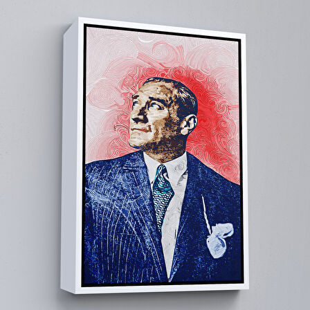 Altın Çerçeveli Mustafa Kemal Atatürk'ün Yağlıboya Görünümlü Portre Çizimi Dekoratif Kanvas Tablo