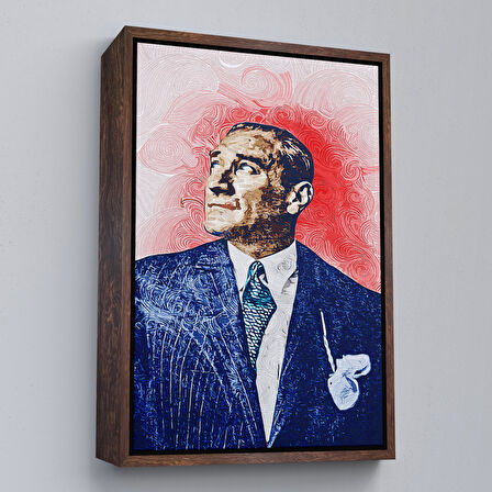 Altın Çerçeveli Mustafa Kemal Atatürk'ün Yağlıboya Görünümlü Portre Çizimi Dekoratif Kanvas Tablo