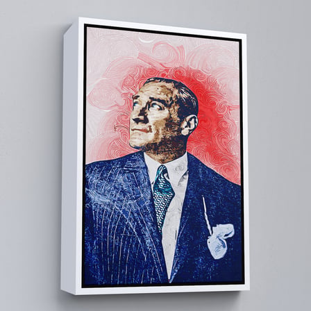 Altın Çerçeveli Mustafa Kemal Atatürk'ün Yağlıboya Görünümlü Portre Çizimi Dekoratif Kanvas Tablo