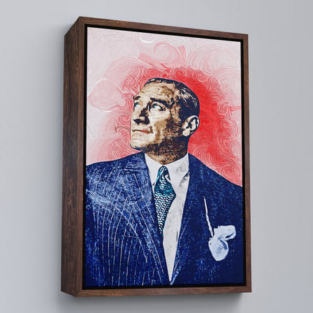 Altın Çerçeveli Mustafa Kemal Atatürk'ün Yağlıboya Görünümlü Portre Çizimi Dekoratif Kanvas Tablo
