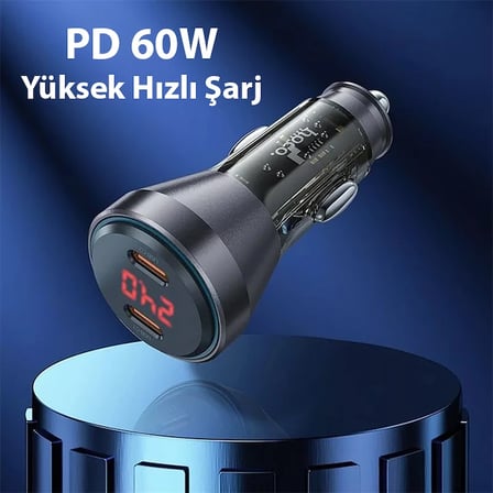 HOCO NZ12C Graceful PD60W 2 Type-C Girişli Araç Çakmaklı Hızlı Şarj Aleti + Type-C to iPhone Kablo