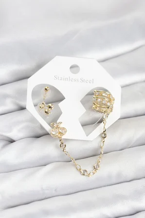 Kiraz Model Pirinç Gold Renk Zincir Bağlantılı Ear Cuff Küpe Seti 5886