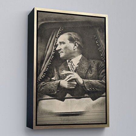 Kahverengi Çerçeveli Mustafa Kemal Atatürk'ün Karakalem Görünümlü Portre Çizimi Dikdörtgen Dekoratif Kanvas Tablo