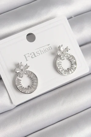 Pirinç Gümüş Renk Zirkon Taşlı Halka Model Çiçek Figür Kadın Küpe 5886
