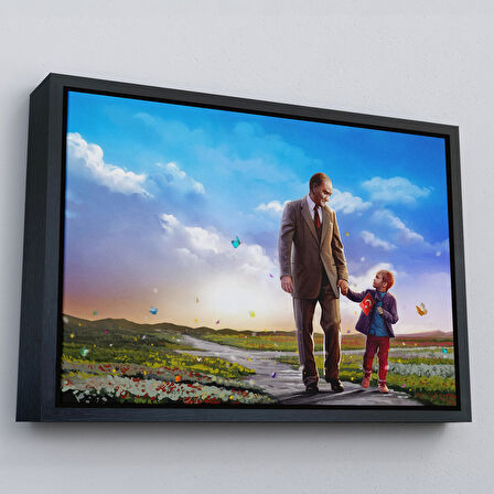 Siyah Çerçeveli Çocuk Bayramı Temalı Mustafa Kemal Atatürk ve Çocuklar DekoratifTablo(TEK PARÇA)