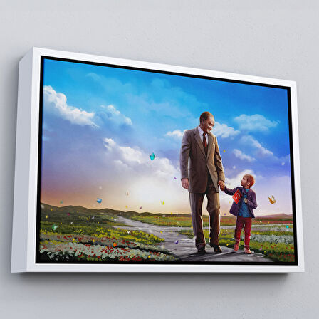 Siyah Çerçeveli Çocuk Bayramı Temalı Mustafa Kemal Atatürk ve Çocuklar DekoratifTablo(TEK PARÇA)