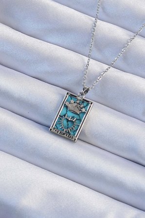 316L Çelik Zincir Gümüş Renk Zirkon Taşlı Mavi Mermer Desenli Taç Model Tarot Kolye 5886