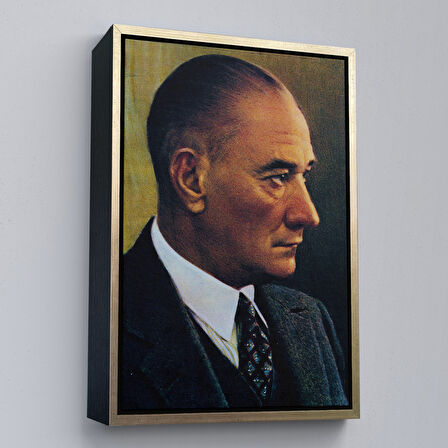 Kahverengi Çerçeveli Atatürk Portre Tablosu Mustafa Kemal Atatürk Dikdörtgen Dekoratif Kanvas Tablo
