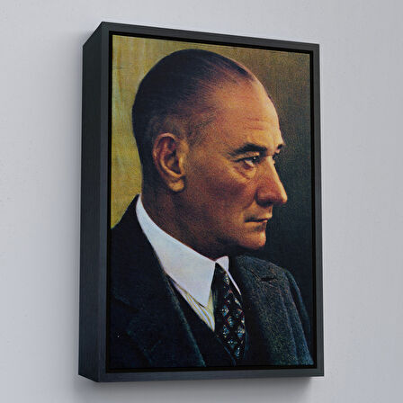 Kahverengi Çerçeveli Atatürk Portre Tablosu Mustafa Kemal Atatürk Dikdörtgen Dekoratif Kanvas Tablo