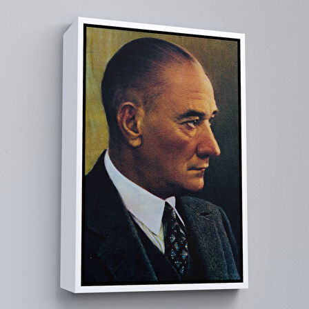 Kahverengi Çerçeveli Atatürk Portre Tablosu Mustafa Kemal Atatürk Dikdörtgen Dekoratif Kanvas Tablo