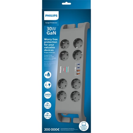 SPN8180GA/62 8 Soket Akım Korumalı Priz 2400 Joules 2Mt Kablo 2xUsb-C PD 20W Hızlı Şarj 2xUsb-A QC 1