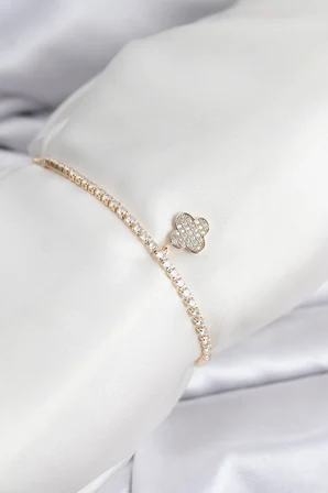 Yonca Model Zirkon Taşlı Gold Renk Asansörlü Su Yolu Bileklik 5886