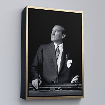 Altın Çerçeveli Atatürk Portre Tablosu Mustafa Kemal Atatürk Dikdörtgen Dekoratif Kanvas Tablo