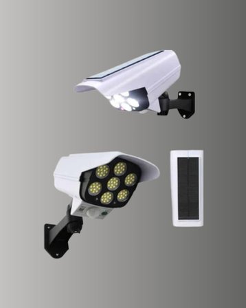 Güneş Enerjili LED Lamba + Güvenlik Kamerası Görünümlü– 5-8 m Hareket Algılamalı Beyaz Işık