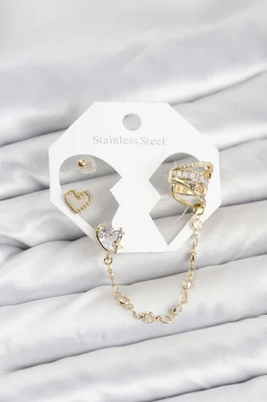 Pirinç Gold Renk Kalp Model Zincir Bağlantılı Ear Cuff Küpe Seti 5886