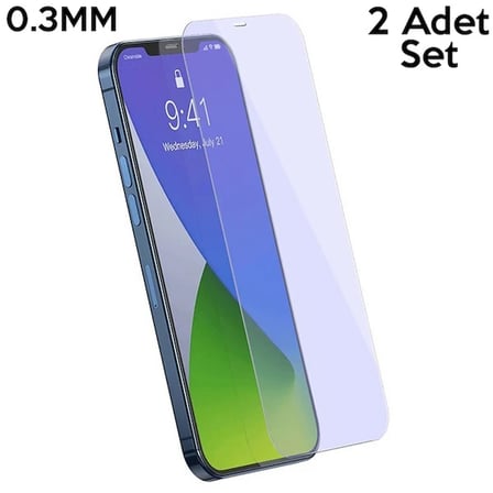 Baseus İPhone 12 Mini 5.4 0.3mm Antiblue Light Tempered Cam Ekran Koruyucu 2Adet-(5775) — Renk: Şeff