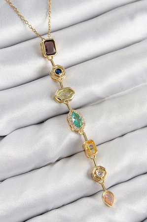 Pirinç Renkli Zirkon Taşlı Model Gold Renk 7 Element Kadın Y Kolye 5886