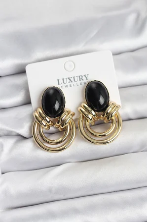 Pirinç Gold Renk Siyah Taşlı Vintage Kadın Küpe 5886